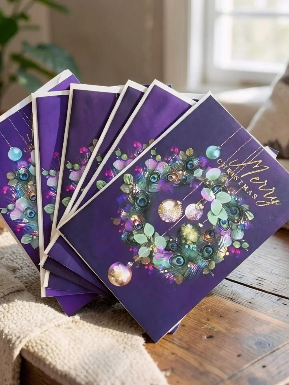 Set of 6 Vintage Merry Christmas Cards Envelopes Peacock Feather Wreath Unused
